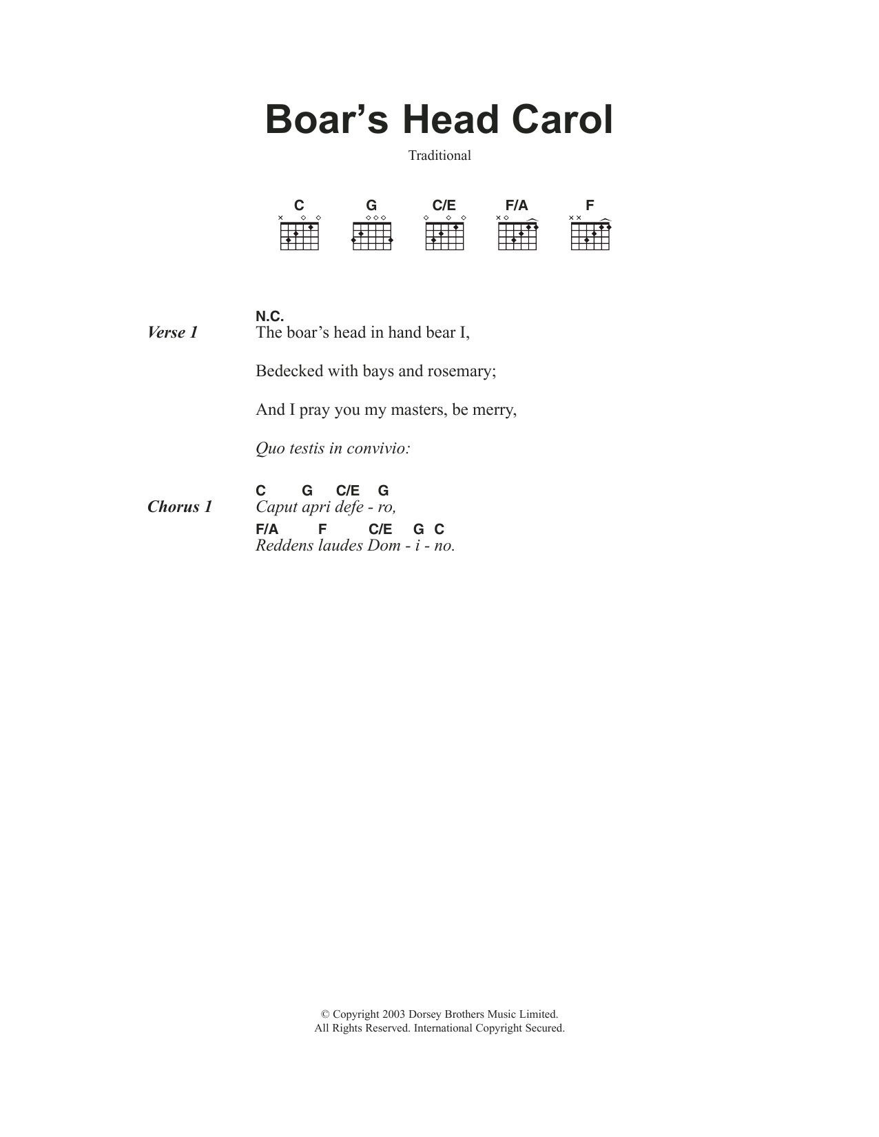 Traditional Carol The Boar's Head Carol Sheet Music Notes & Chords for Guitar Chords/Lyrics - Download or Print PDF