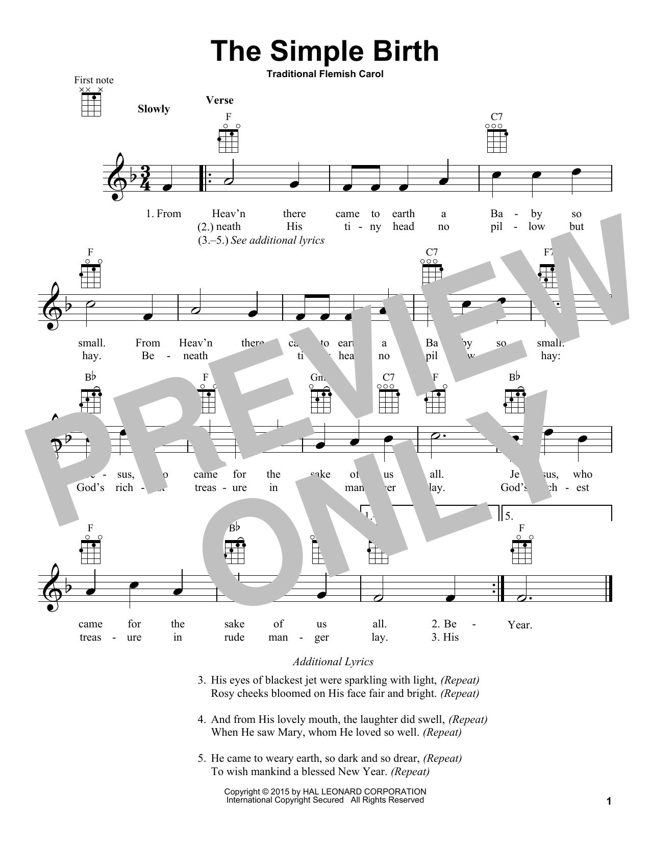 Traditional Carol The Simple Birth Sheet Music Notes & Chords for Ukulele - Download or Print PDF