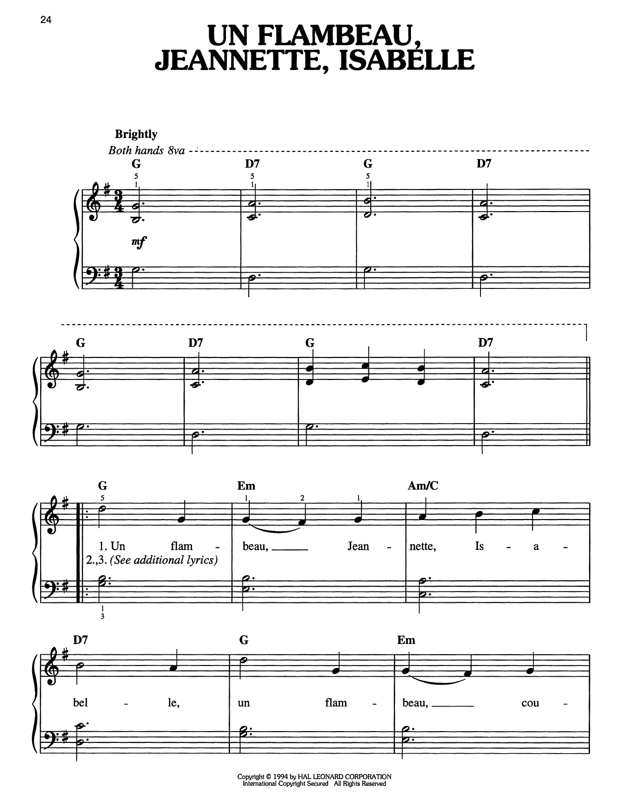Traditional Carol Un Flambeau, Jeanette, Isabelle Sheet Music Notes & Chords for Easy Piano - Download or Print PDF