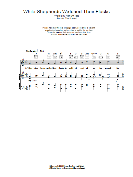 Christmas Carol While Shepherds Watched Their Flocks Sheet Music Notes & Chords for Lyrics & Chords - Download or Print PDF