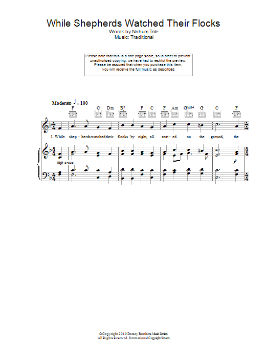 Traditional Carol While Shepherds Watched Their Flocks Sheet Music Notes & Chords for Piano Chords/Lyrics - Download or Print PDF