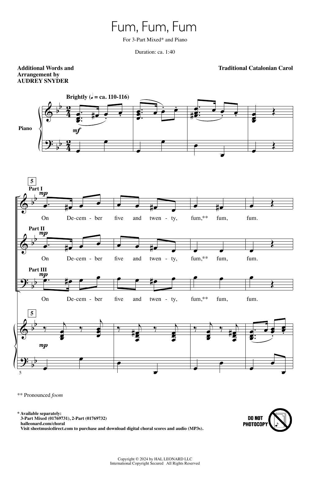 Traditional Catalonian Carol Fum, Fum, Fum (arr. Audrey Snyder) Sheet Music Notes & Chords for 3-Part Mixed Choir - Download or Print PDF