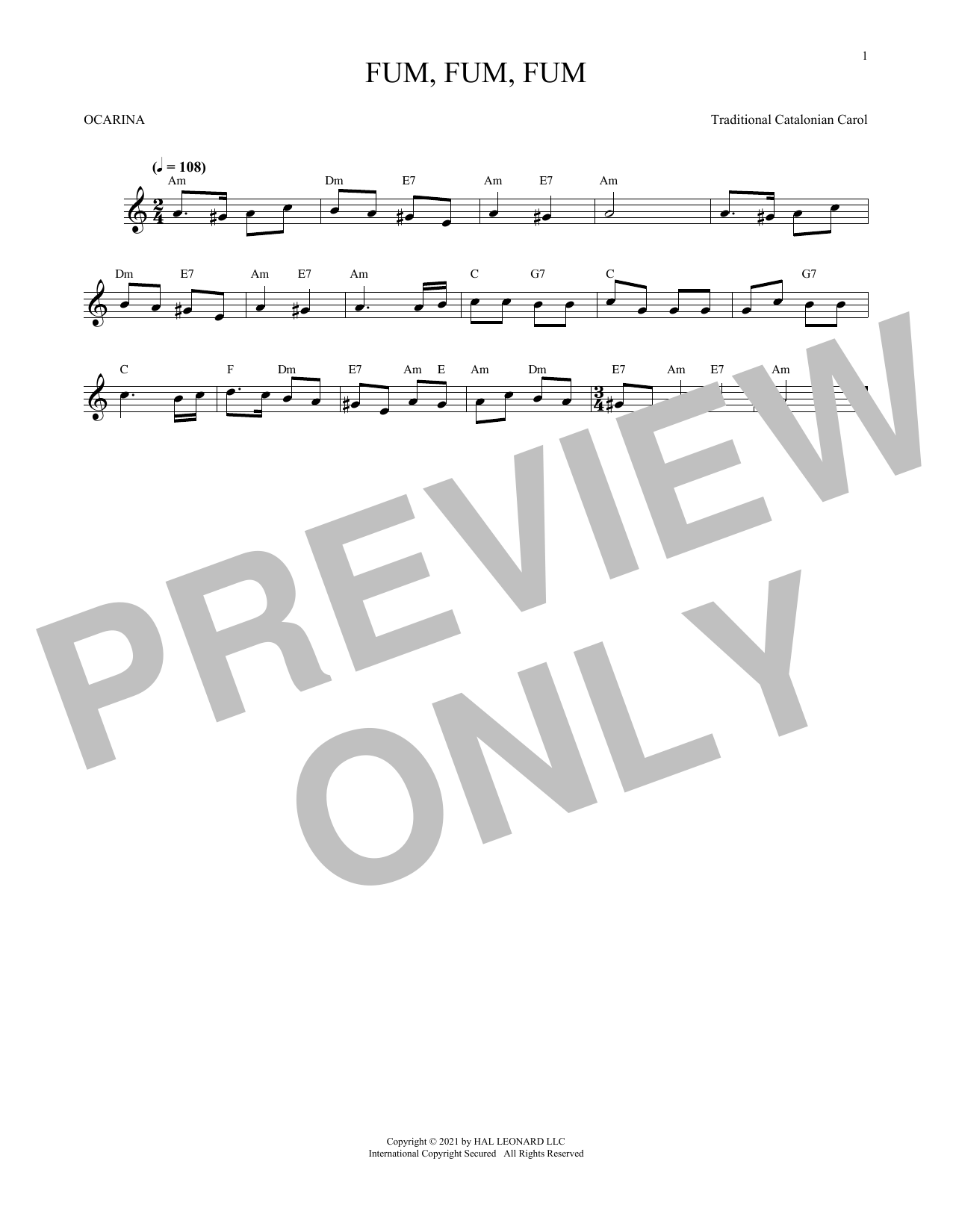 Traditional Catalonian Carol Fum, Fum, Fum (arr. Cris Gale) Sheet Music Notes & Chords for Ocarina - Download or Print PDF