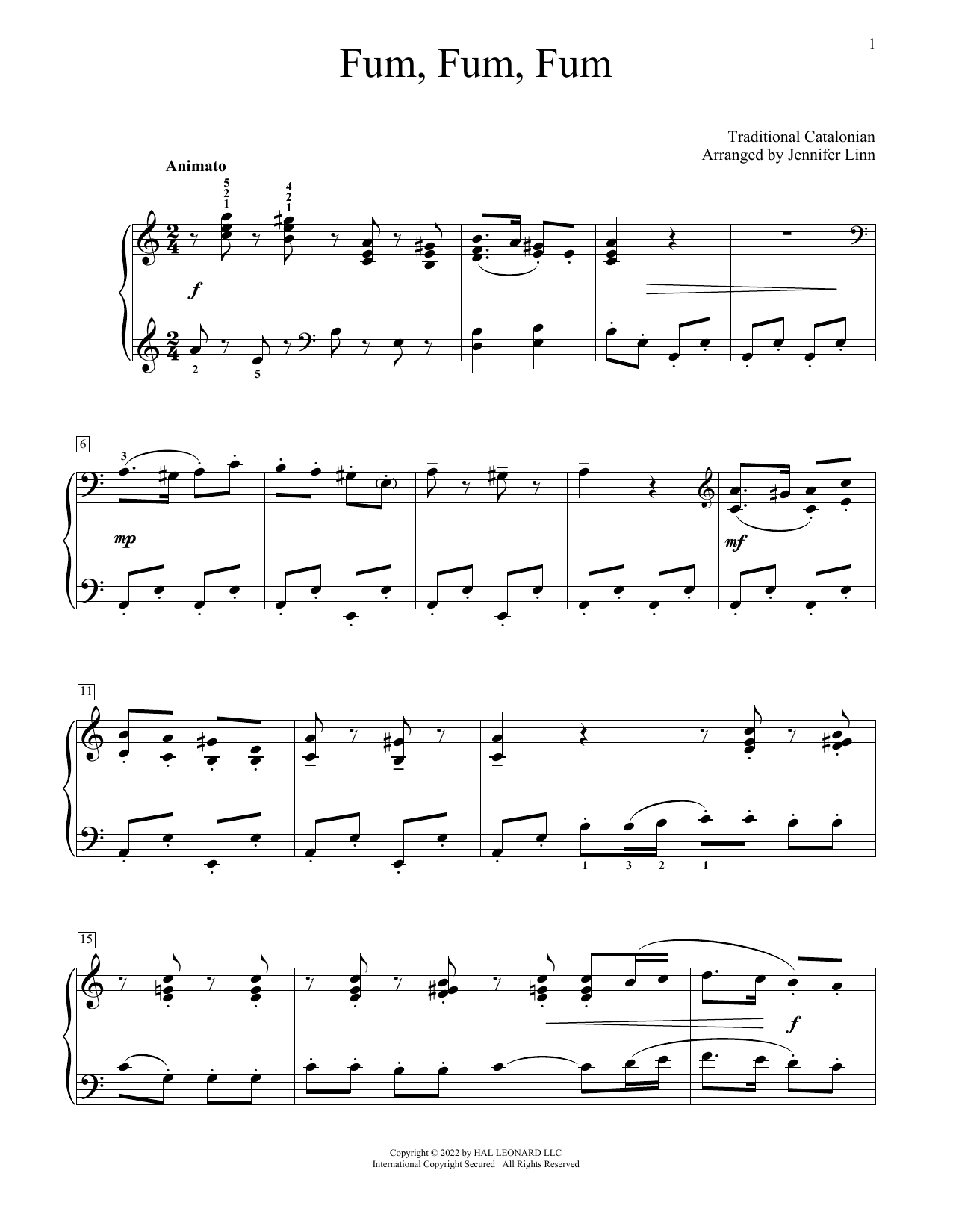 Traditional Catalonian Fum, Fum, Fum (arr. Jennifer Linn) Sheet Music Notes & Chords for Educational Piano - Download or Print PDF