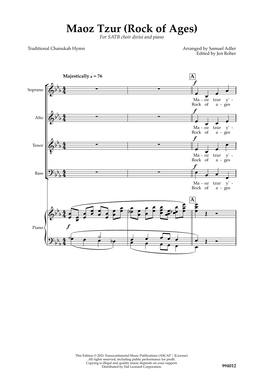 Traditional Chanukah Hymn Maoz Tzur (Rock Of Ages) (arr. Samuel Adler) Sheet Music Notes & Chords for SATB Choir - Download or Print PDF