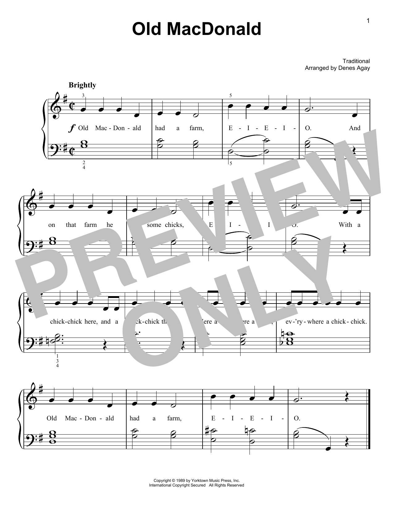 Traditional Children's Song Old MacDonald (arr. Denes Agay) Sheet Music Notes & Chords for Easy Piano - Download or Print PDF