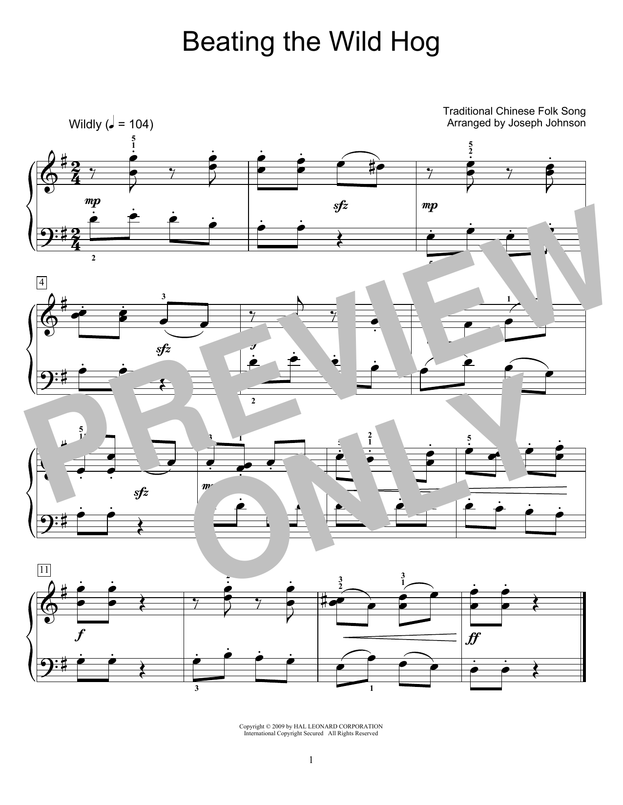 Traditional Chinese Folk Song Beating The Wild Hog (arr. Joseph Johnson) Sheet Music Notes & Chords for Educational Piano - Download or Print PDF