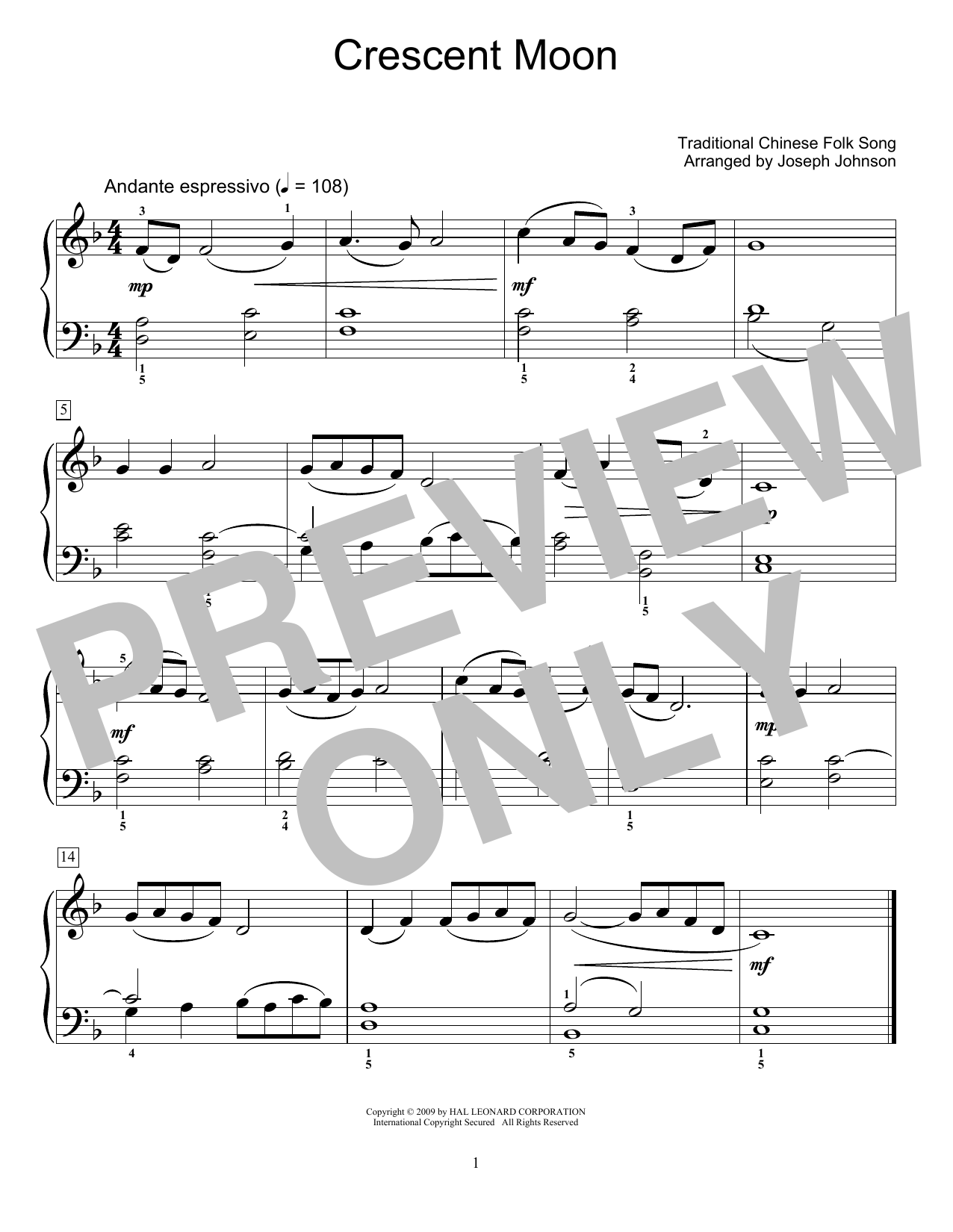 Traditional Chinese Folk Song Crescent Moon (arr. Joseph Johnson) Sheet Music Notes & Chords for Educational Piano - Download or Print PDF