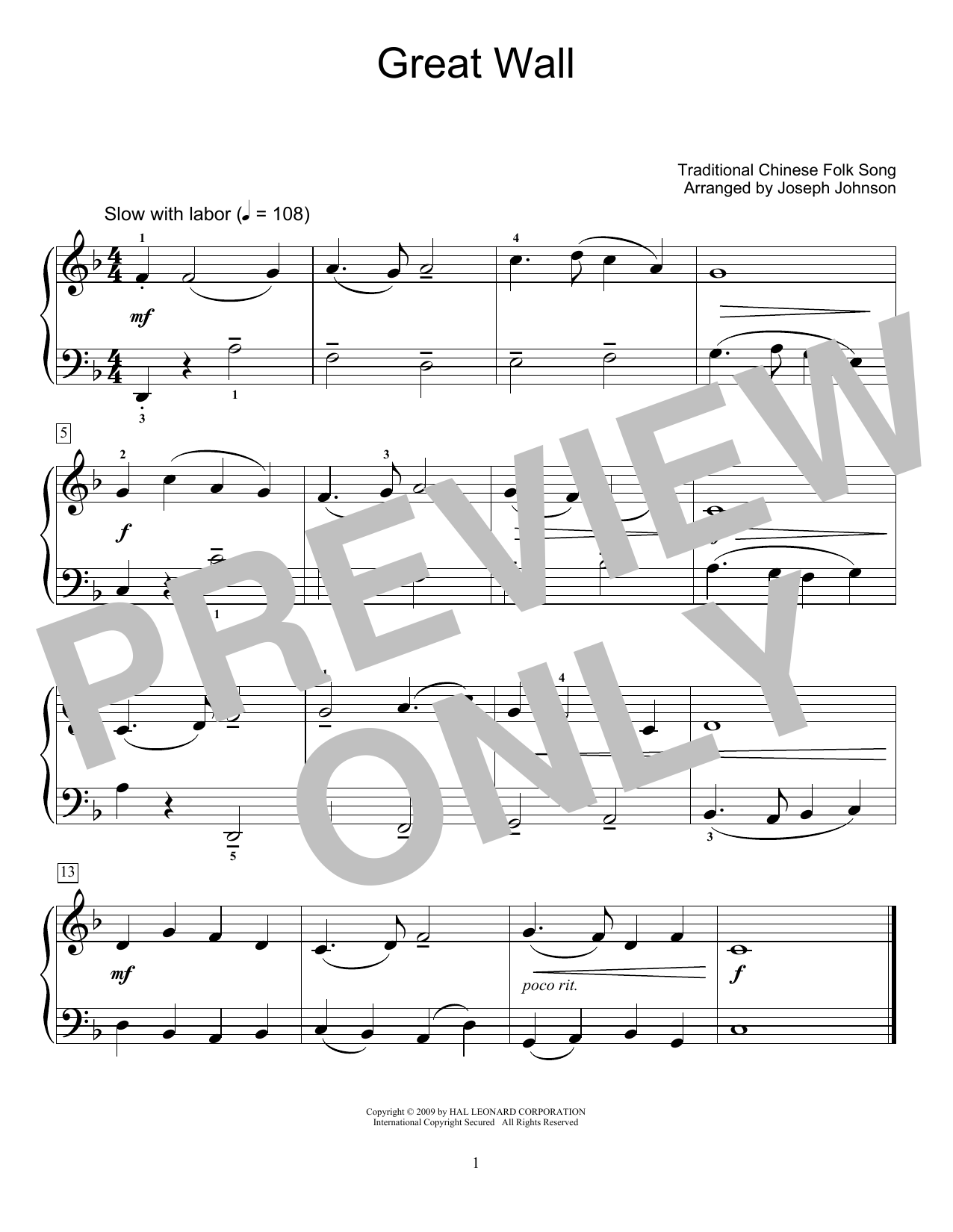 Traditional Chinese Folk Song Great Wall (arr. Joseph Johnson) Sheet Music Notes & Chords for Educational Piano - Download or Print PDF