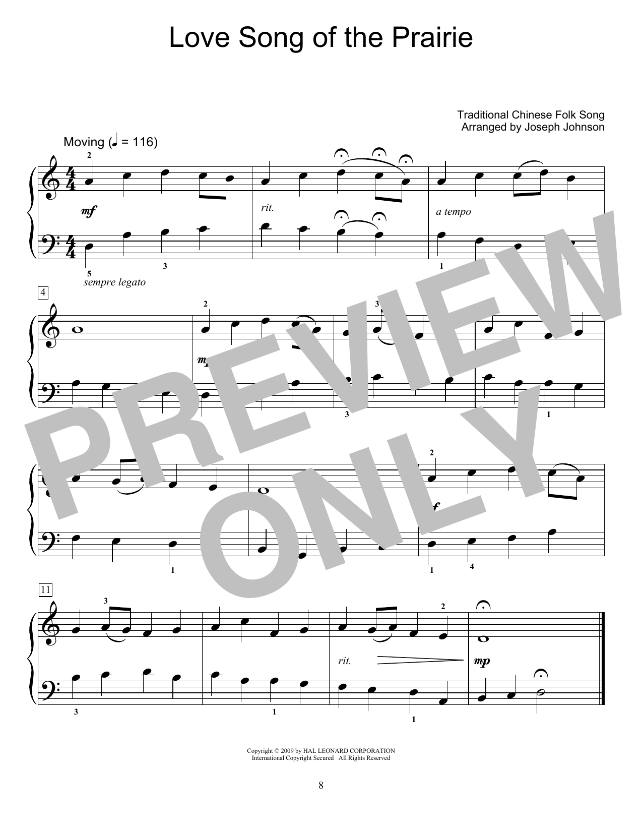 Traditional Chinese Folk Song Love Song Of The Prairie (arr. Joseph Johnson) Sheet Music Notes & Chords for Educational Piano - Download or Print PDF