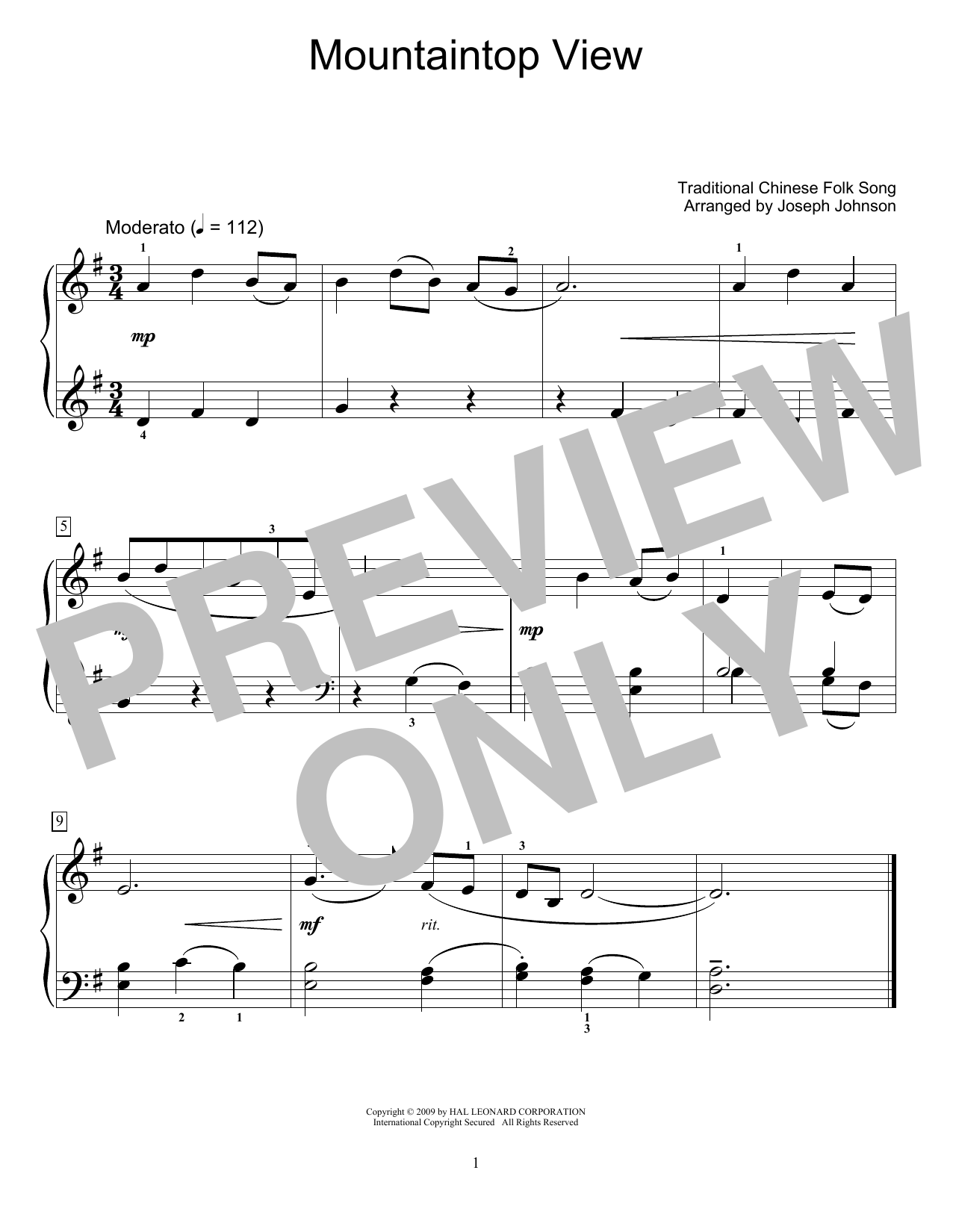 Traditional Chinese Folk Song Mountaintop View (arr. Joseph Johnson) Sheet Music Notes & Chords for Educational Piano - Download or Print PDF