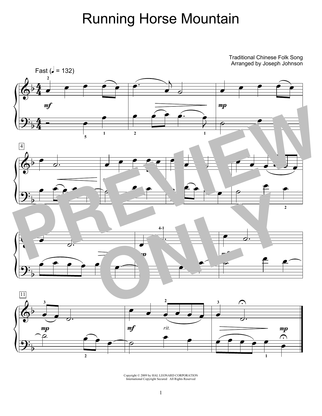 Traditional Chinese Folk Song Running Horse Mountain (arr. Joseph Johnson) Sheet Music Notes & Chords for Educational Piano - Download or Print PDF