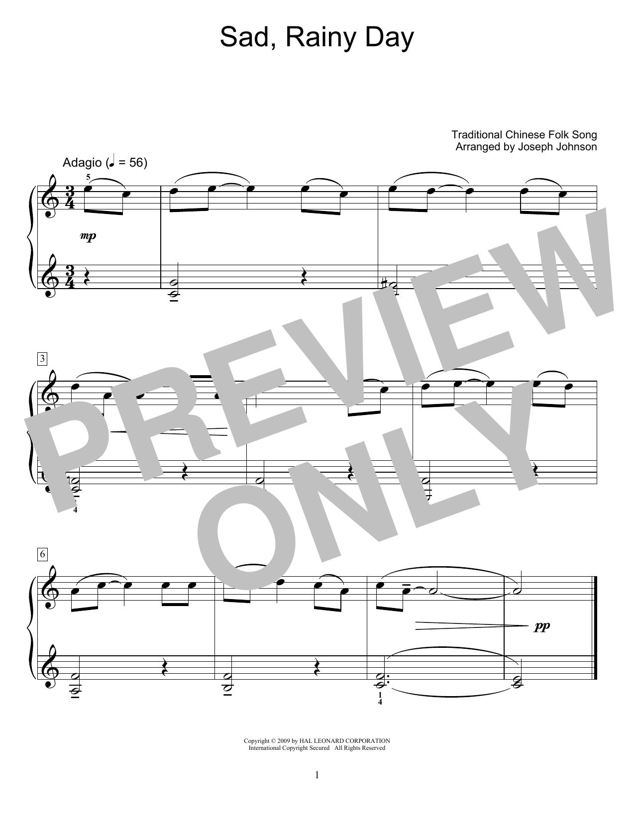 Traditional Chinese Folk Song Sad, Rainy Day (arr. Joseph Johnson) Sheet Music Notes & Chords for Educational Piano - Download or Print PDF