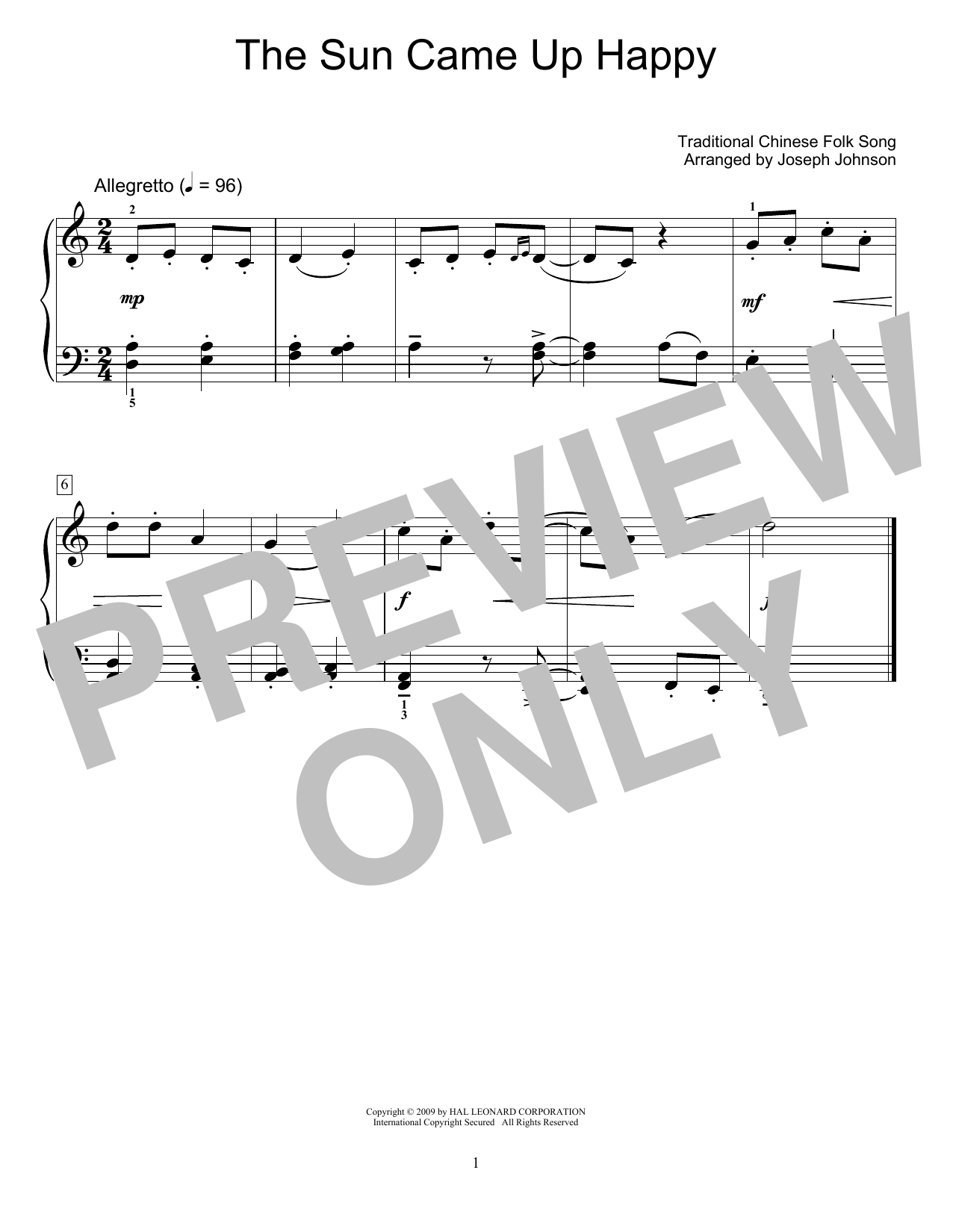 Traditional Chinese Folk Song The Sun Came Up Happy (arr. Joseph Johnson) Sheet Music Notes & Chords for Educational Piano - Download or Print PDF