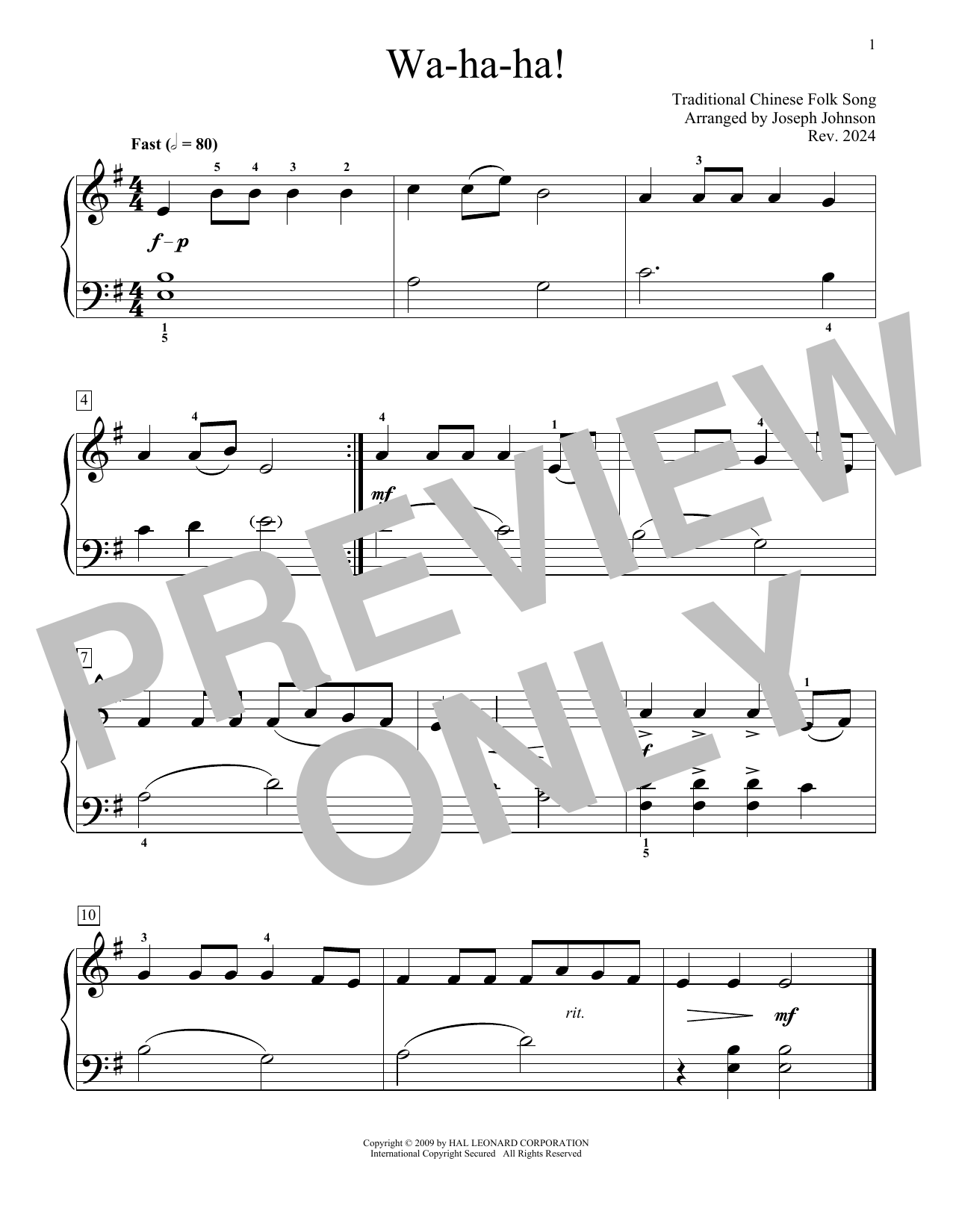 Traditional Chinese Folk Song Wa-Ha-Ha (arr. Joseph Johnson) Sheet Music Notes & Chords for Educational Piano - Download or Print PDF