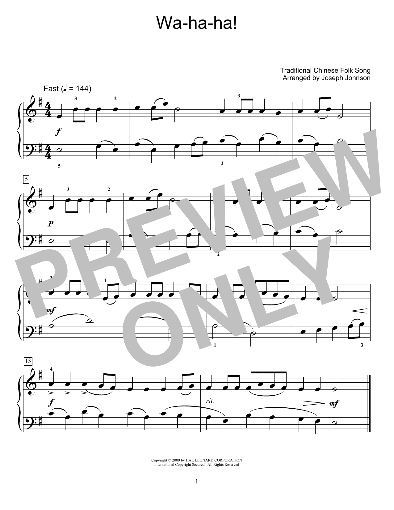 Traditional Chinese Folk Song Wa-Ha-Ha (arr. Joseph Johnson) Sheet Music Notes & Chords for Educational Piano - Download or Print PDF