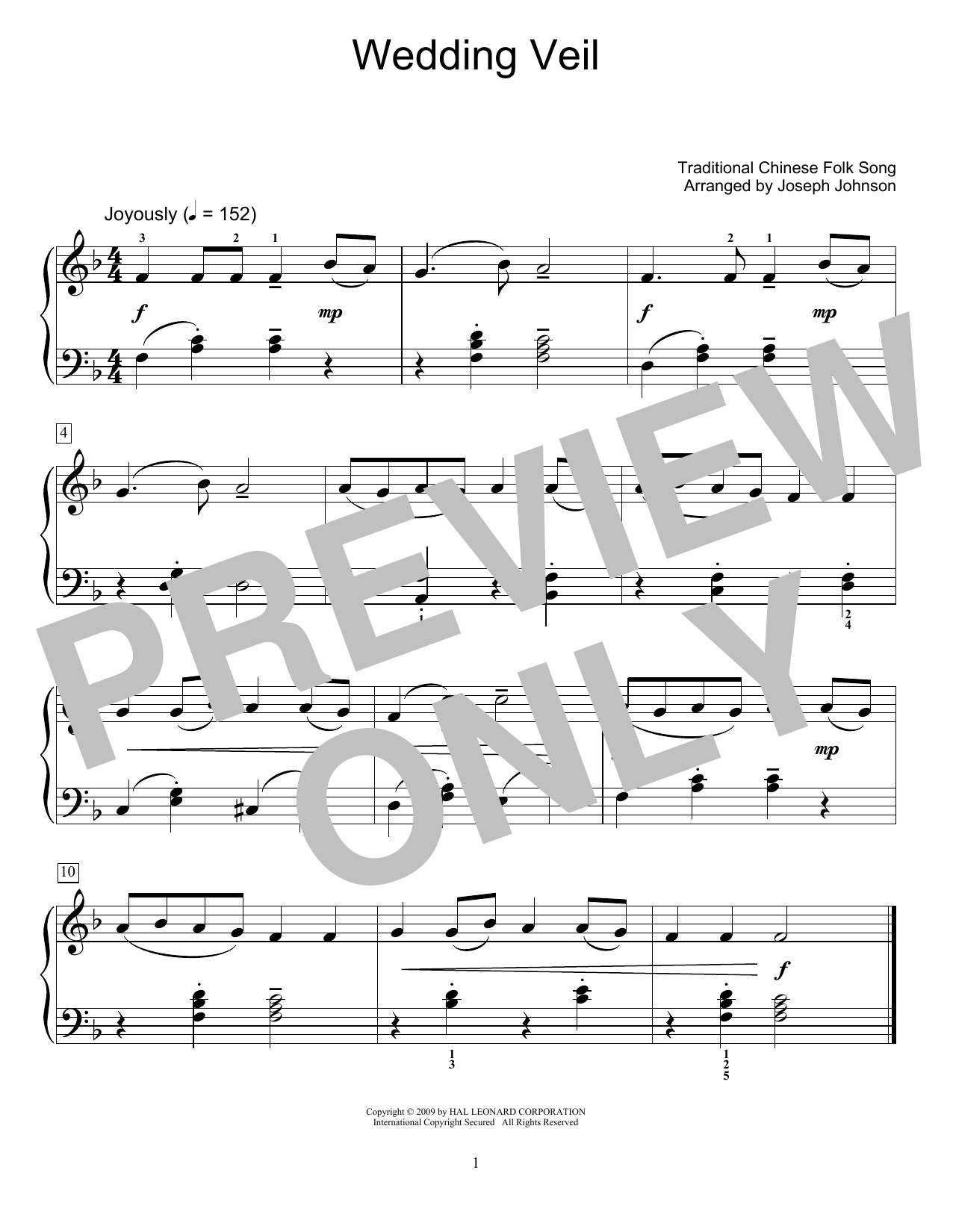 Traditional Chinese Folk Song Wedding Veil (arr. Joseph Johnson) Sheet Music Notes & Chords for Educational Piano - Download or Print PDF