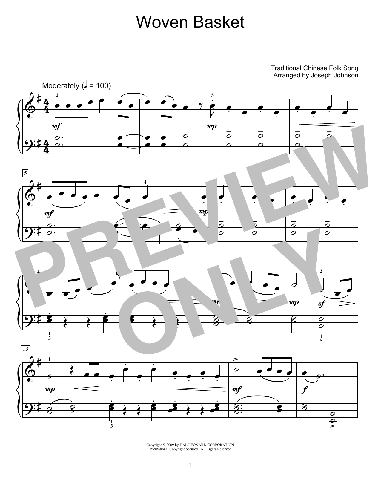 Traditional Chinese Folk Song Woven Basket (arr. Joseph Johnson) Sheet Music Notes & Chords for Educational Piano - Download or Print PDF