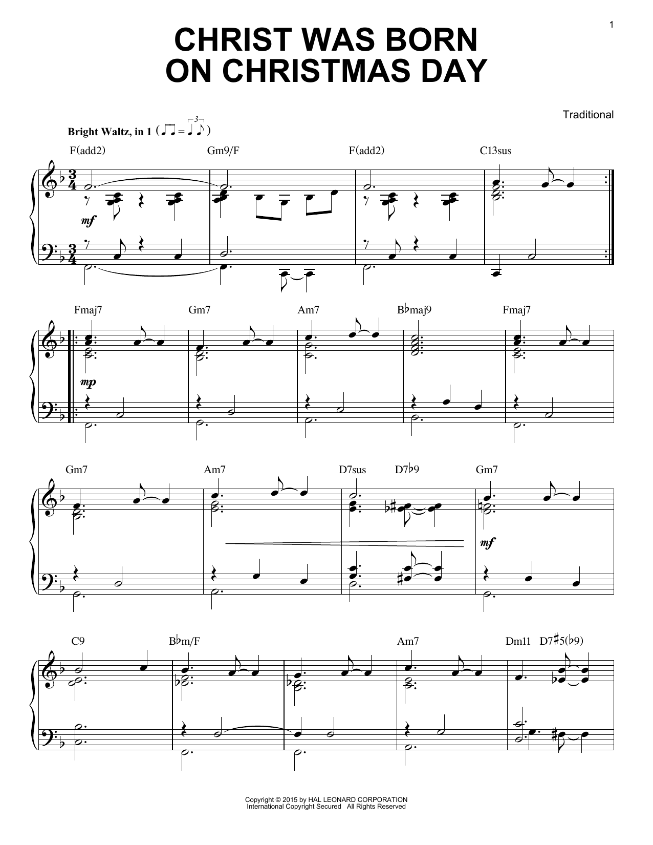 Traditional Christ Was Born On Christmas Day [Jazz version] (arr. Brent Edstrom) Sheet Music Notes & Chords for Piano - Download or Print PDF
