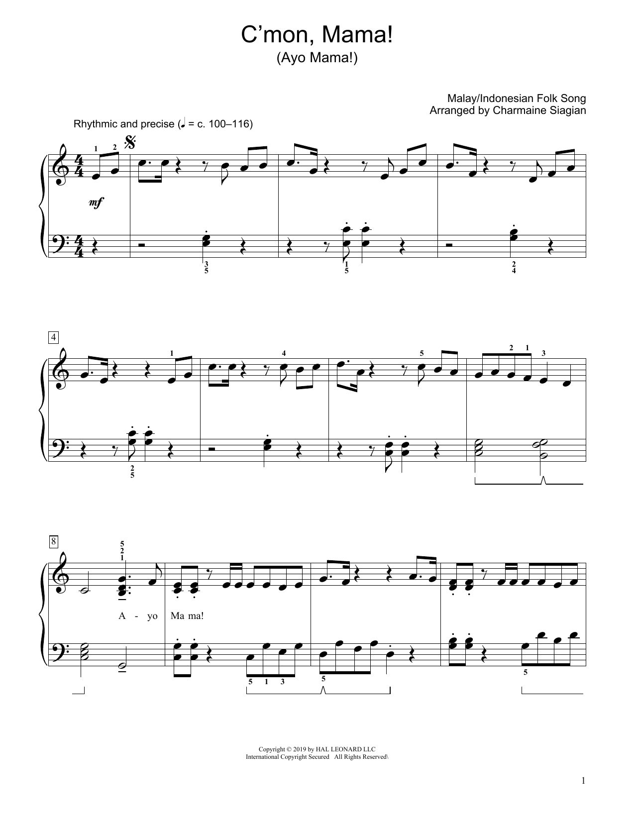 Traditional C'Mon, Mama! (Ayo Mama!) (arr. Charmaine Siagian) Sheet Music Notes & Chords for Educational Piano - Download or Print PDF