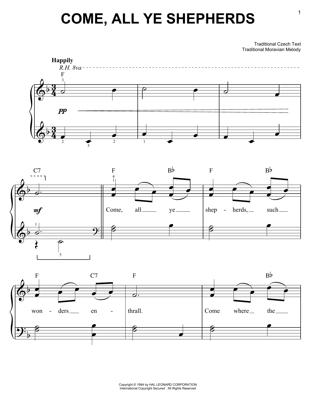 Traditional Come, All Ye Shepherds Sheet Music Notes & Chords for Easy Piano - Download or Print PDF