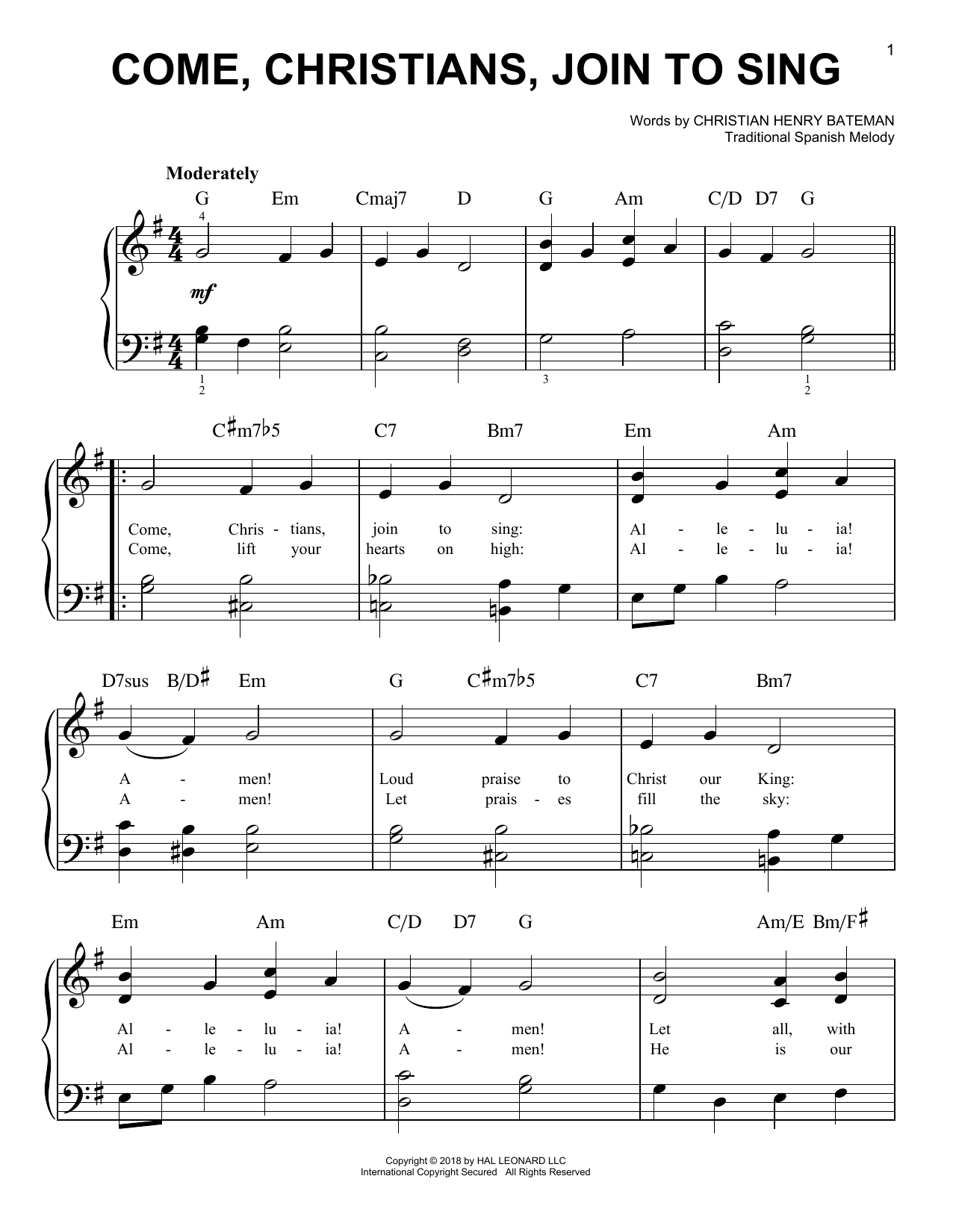 Traditional Come, Christians, Join To Sing Sheet Music Notes & Chords for Easy Piano - Download or Print PDF