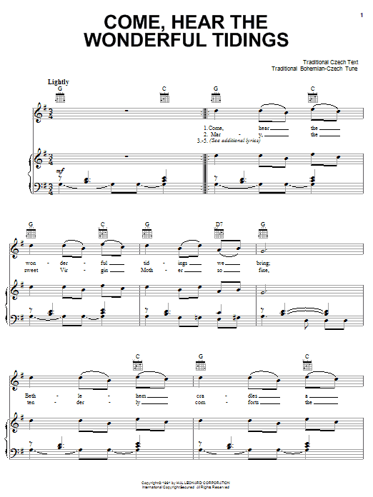 Traditional Come, Hear The Wonderful Tidings Sheet Music Notes & Chords for Piano, Vocal & Guitar (Right-Hand Melody) - Download or Print PDF