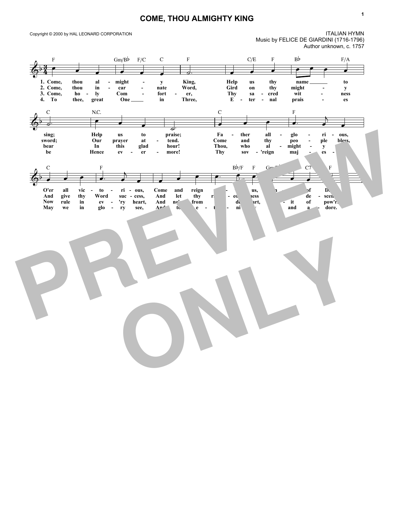 Traditional Come, Thou Almighty King Sheet Music Notes & Chords for Melody Line, Lyrics & Chords - Download or Print PDF