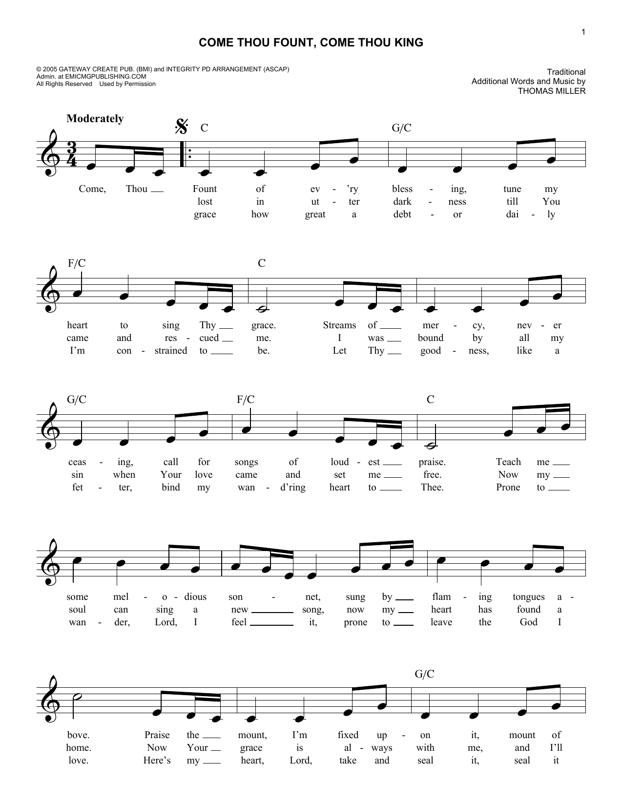 Traditional Come Thou Fount, Come Thou King Sheet Music Notes & Chords for Melody Line, Lyrics & Chords - Download or Print PDF