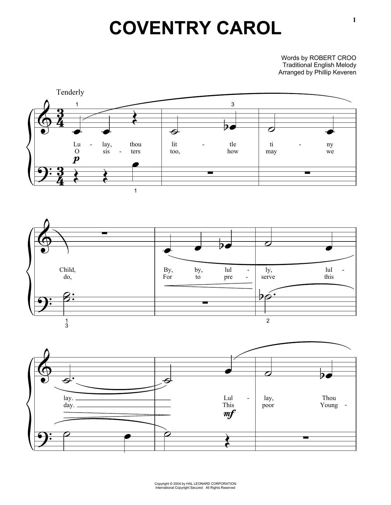 Traditional Coventry Carol Sheet Music Notes & Chords for Piano (Big Notes) - Download or Print PDF
