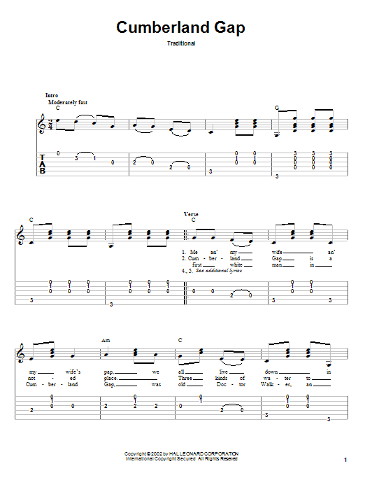 Traditional Cumberland Gap Sheet Music Notes & Chords for Banjo Tab - Download or Print PDF
