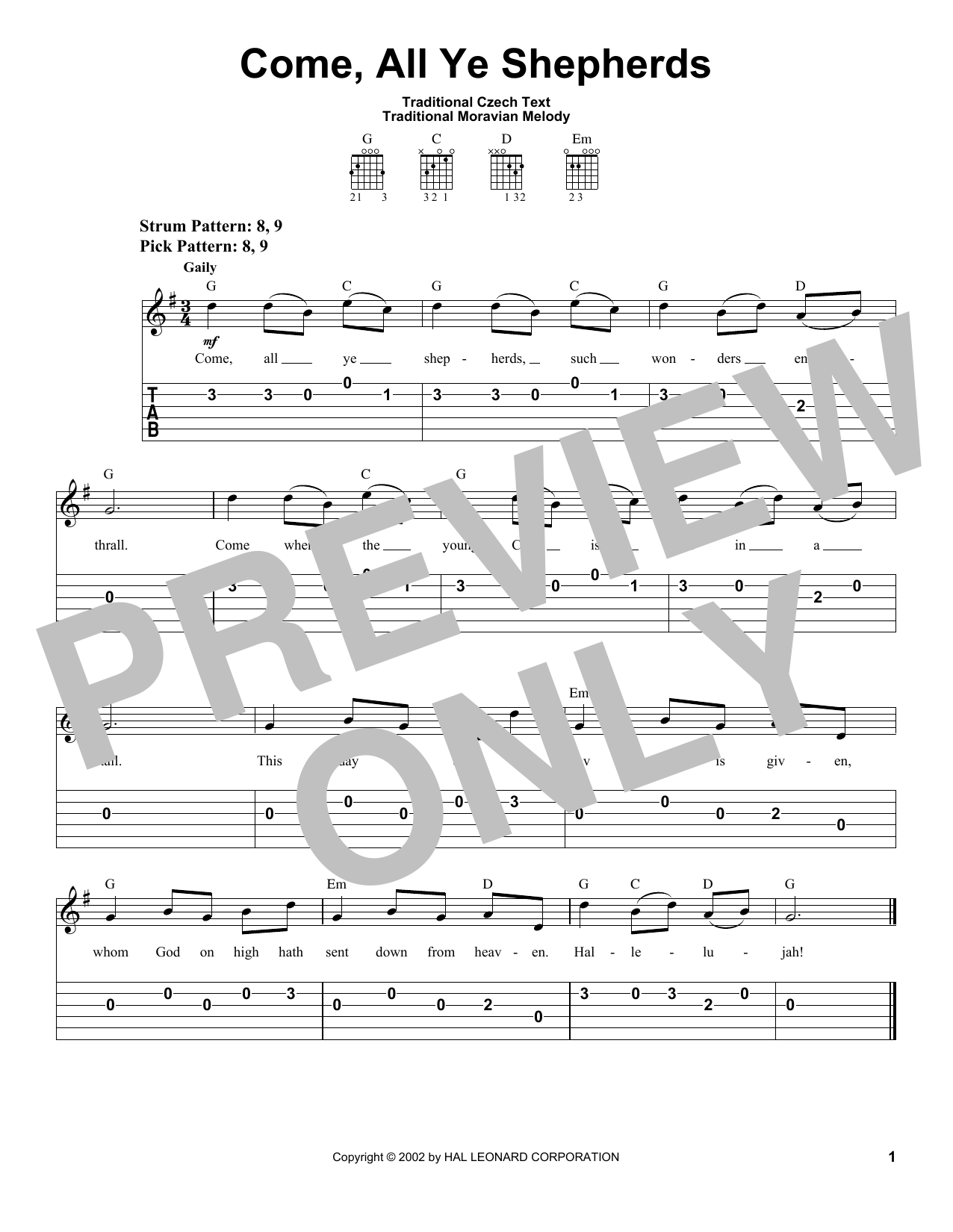 Traditional Czech Text Come, All Ye Shepherds Sheet Music Notes & Chords for Easy Guitar Tab - Download or Print PDF