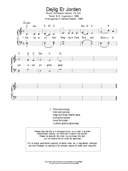 Traditional Dejlig Er Jorden Sheet Music Notes & Chords for Piano - Download or Print PDF