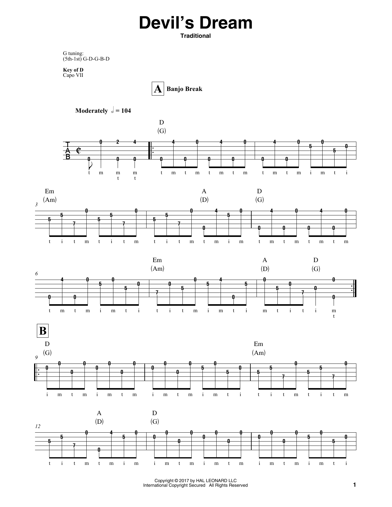 Traditional Devil's Dream Sheet Music Notes & Chords for Banjo - Download or Print PDF