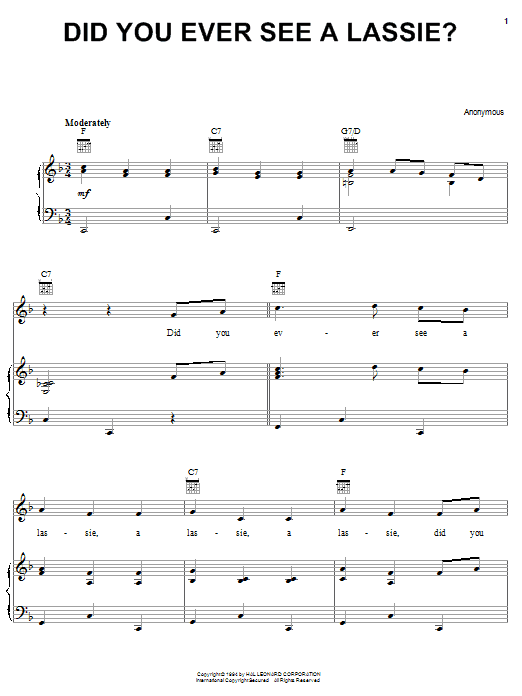 Traditional Did You Ever See A Lassie? Sheet Music Notes & Chords for Piano, Vocal & Guitar (Right-Hand Melody) - Download or Print PDF