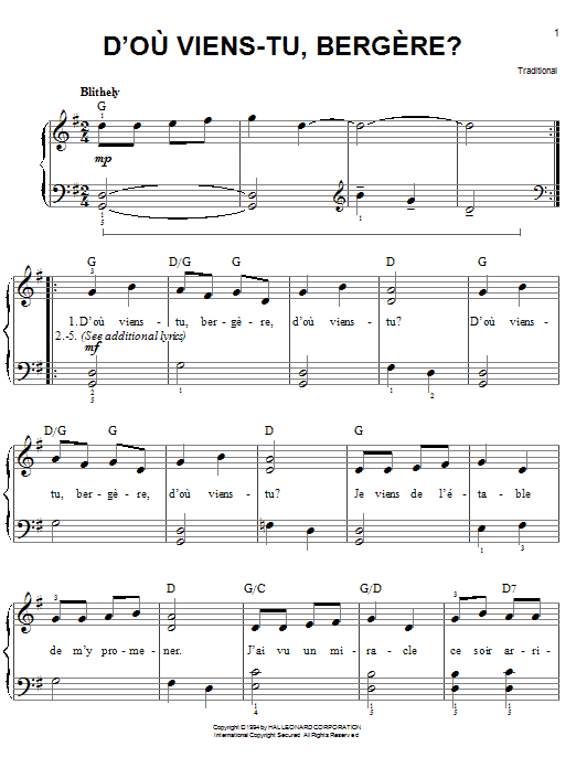 Traditional D'ou Viens-Tu, Beregere? Sheet Music Notes & Chords for Easy Piano - Download or Print PDF