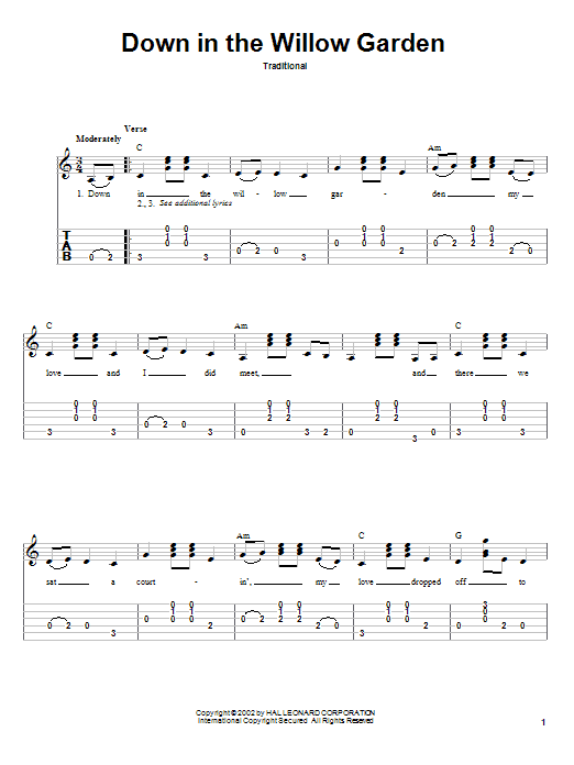 Traditional Down In The Willow Garden Sheet Music Notes & Chords for Guitar Tab - Download or Print PDF