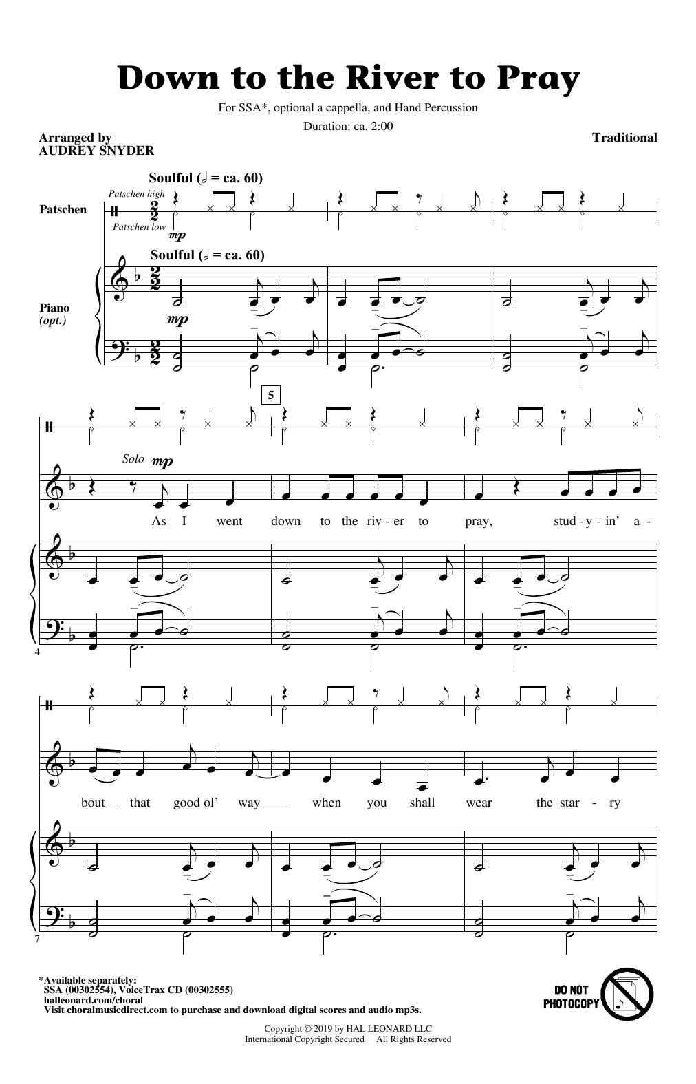 Traditional Down To The River To Pray (arr. Audrey Snyder) Sheet Music Notes & Chords for SSA Choir - Download or Print PDF