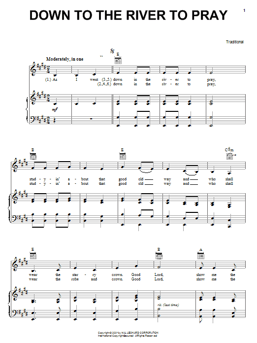 Traditional Down To The River To Pray Sheet Music Notes & Chords for Piano, Vocal & Guitar (Right-Hand Melody) - Download or Print PDF