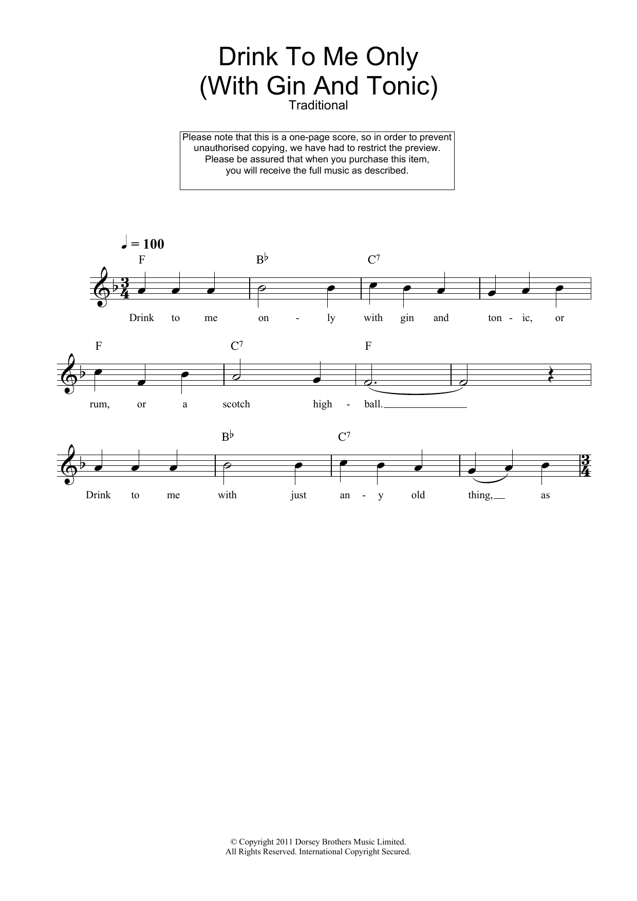 Traditional Drink To Me Only (With Gin And Tonic) Sheet Music Notes & Chords for Melody Line, Lyrics & Chords - Download or Print PDF
