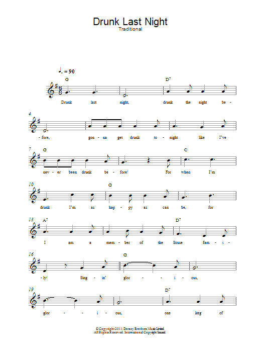 Traditional Drunk Last Night Sheet Music Notes & Chords for Melody Line, Lyrics & Chords - Download or Print PDF