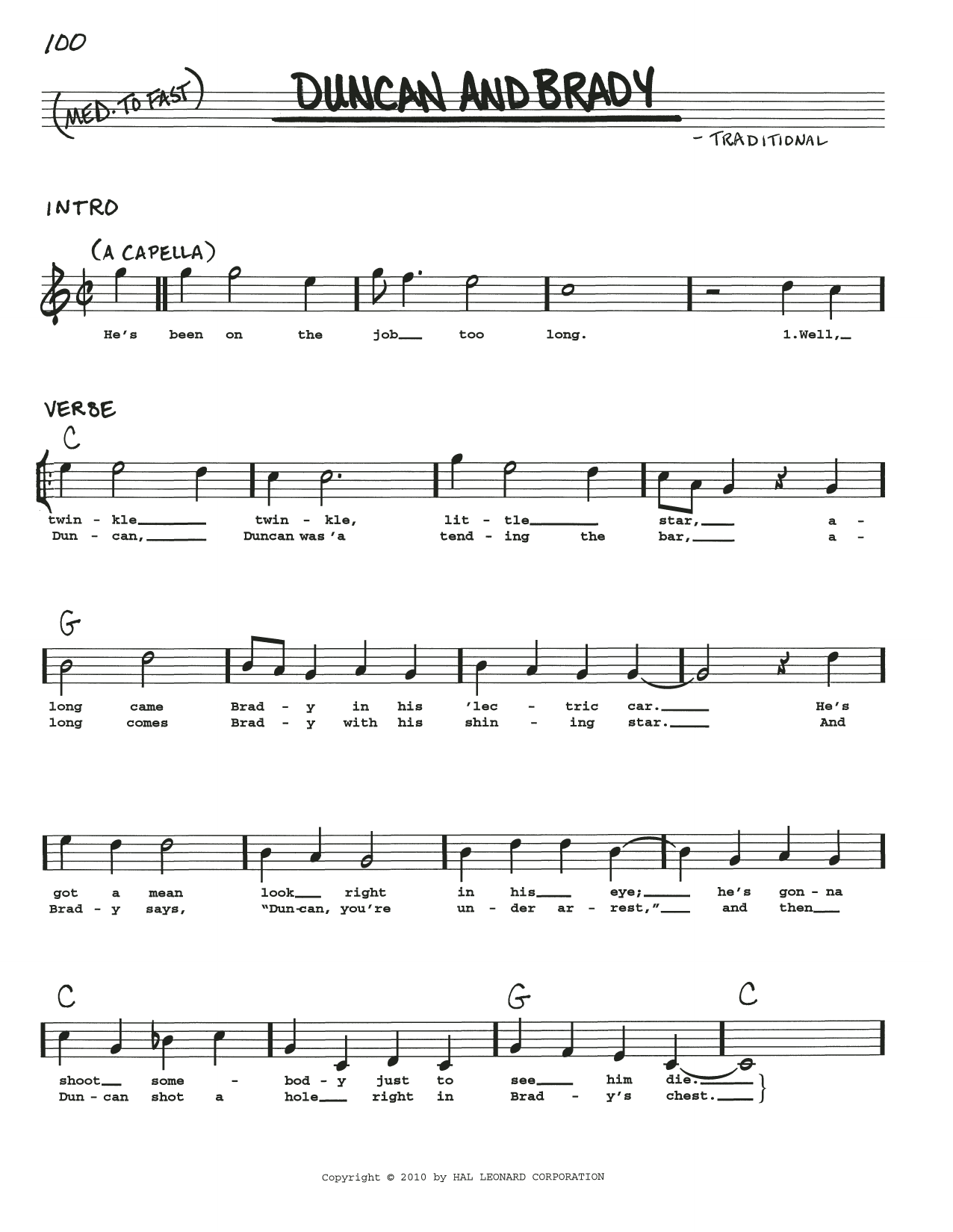 Traditional Duncan And Brady Sheet Music Notes & Chords for Real Book – Melody, Lyrics & Chords - Download or Print PDF