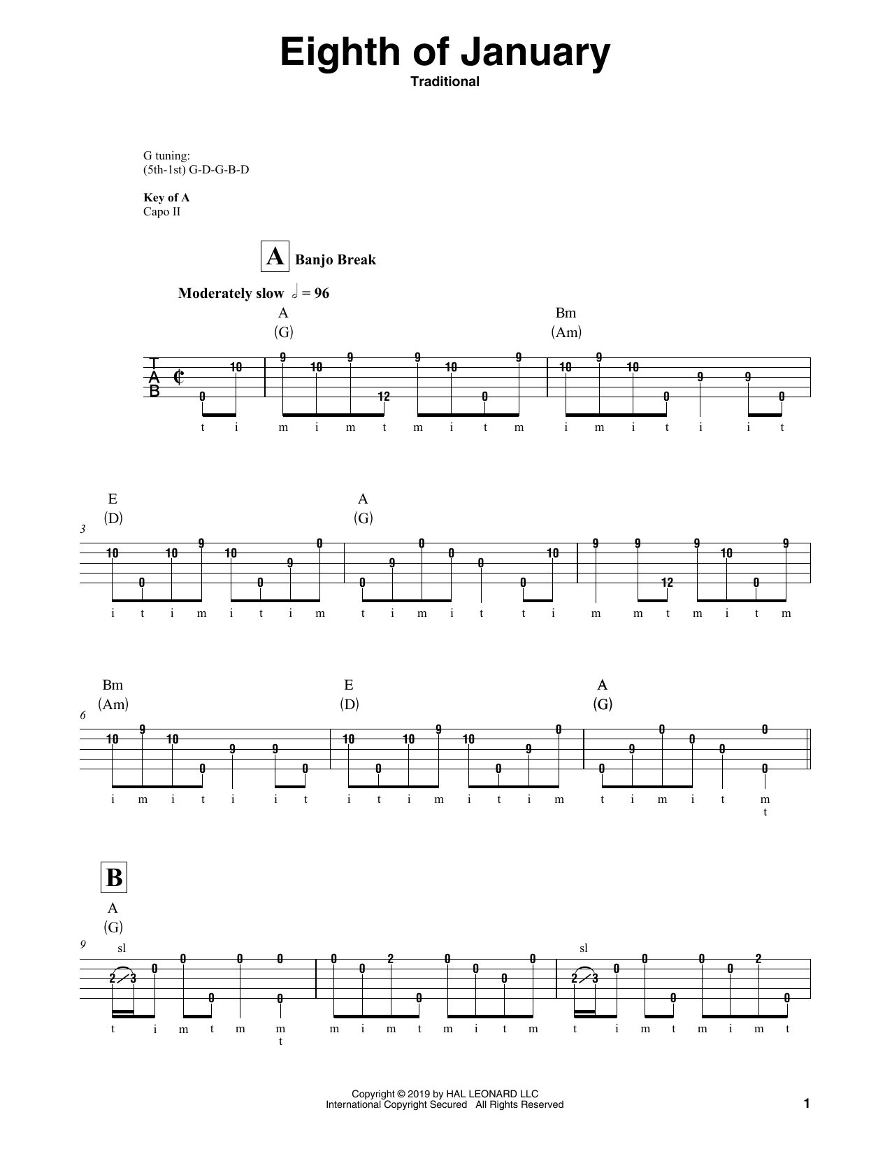 Traditional Eighth Of January Sheet Music Notes & Chords for Banjo Tab - Download or Print PDF