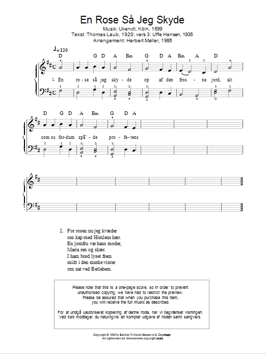 Traditional En Rose Sa Jeg Skyde Sheet Music Notes & Chords for Piano - Download or Print PDF
