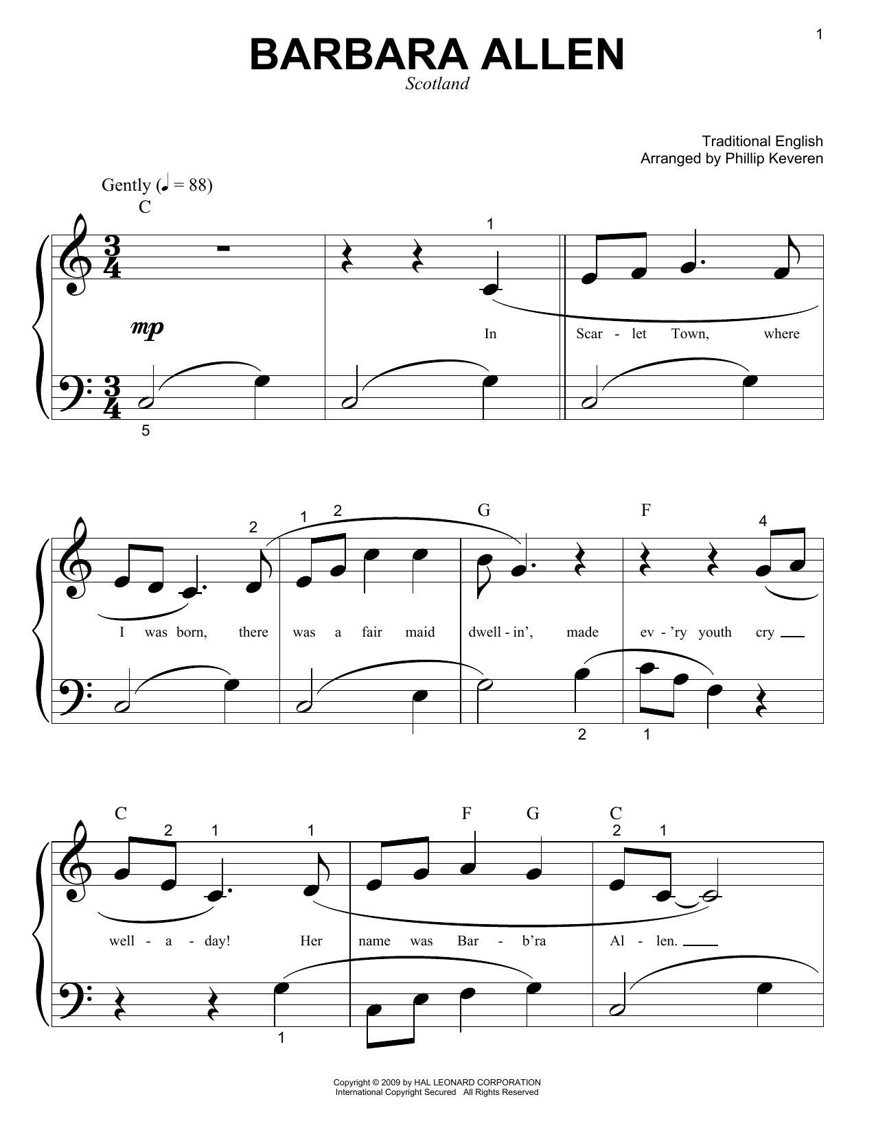 Traditional English Ballad Barbara Allen Sheet Music Notes & Chords for Piano (Big Notes) - Download or Print PDF
