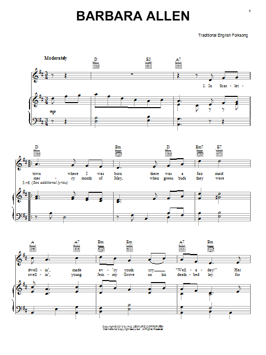 Traditional English Barbara Allen Sheet Music Notes & Chords for Melody Line, Lyrics & Chords - Download or Print PDF