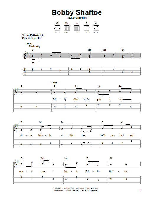 Traditional English Bobby Shaftoe Sheet Music Notes & Chords for Easy Guitar Tab - Download or Print PDF