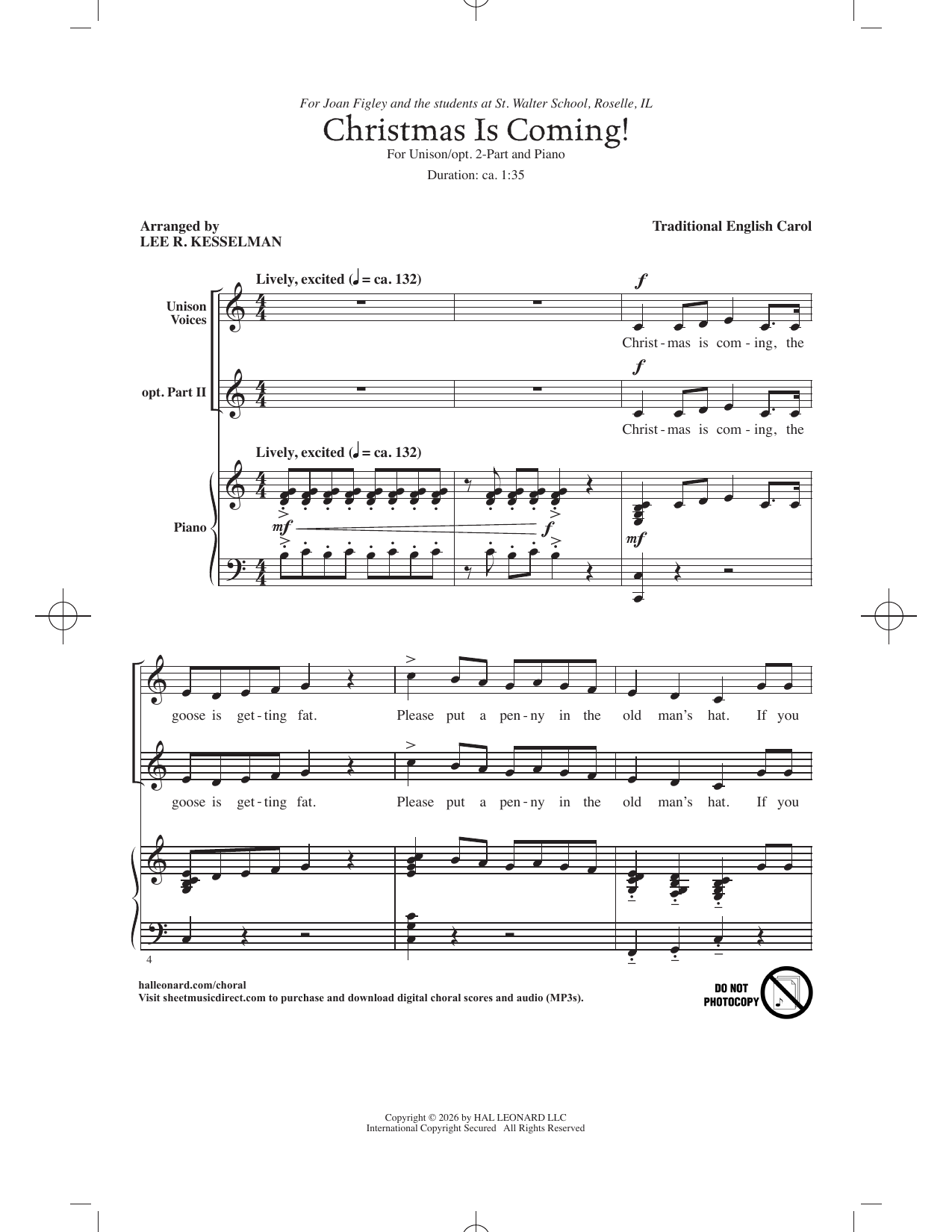Traditional English Carol Christmas Is Coming! (arr. Lee R. Kesselman) Sheet Music Notes & Chords for Choir - Download or Print PDF