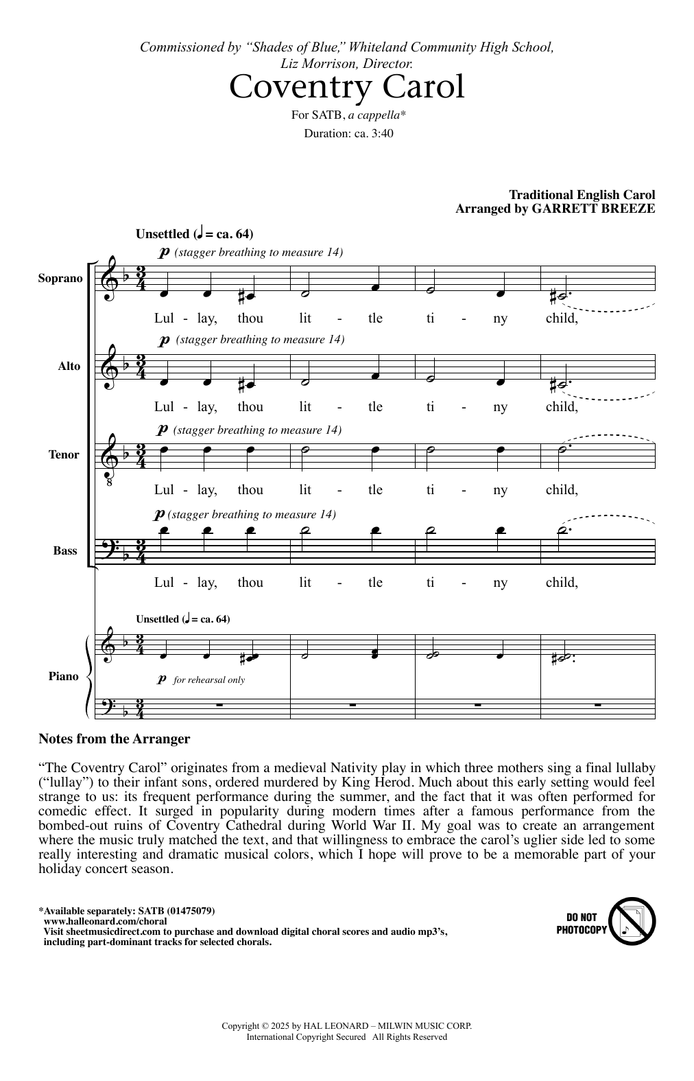 Traditional English Carol Coventry Carol (arr. Garrett Breeze) Sheet Music Notes & Chords for SATB Choir - Download or Print PDF