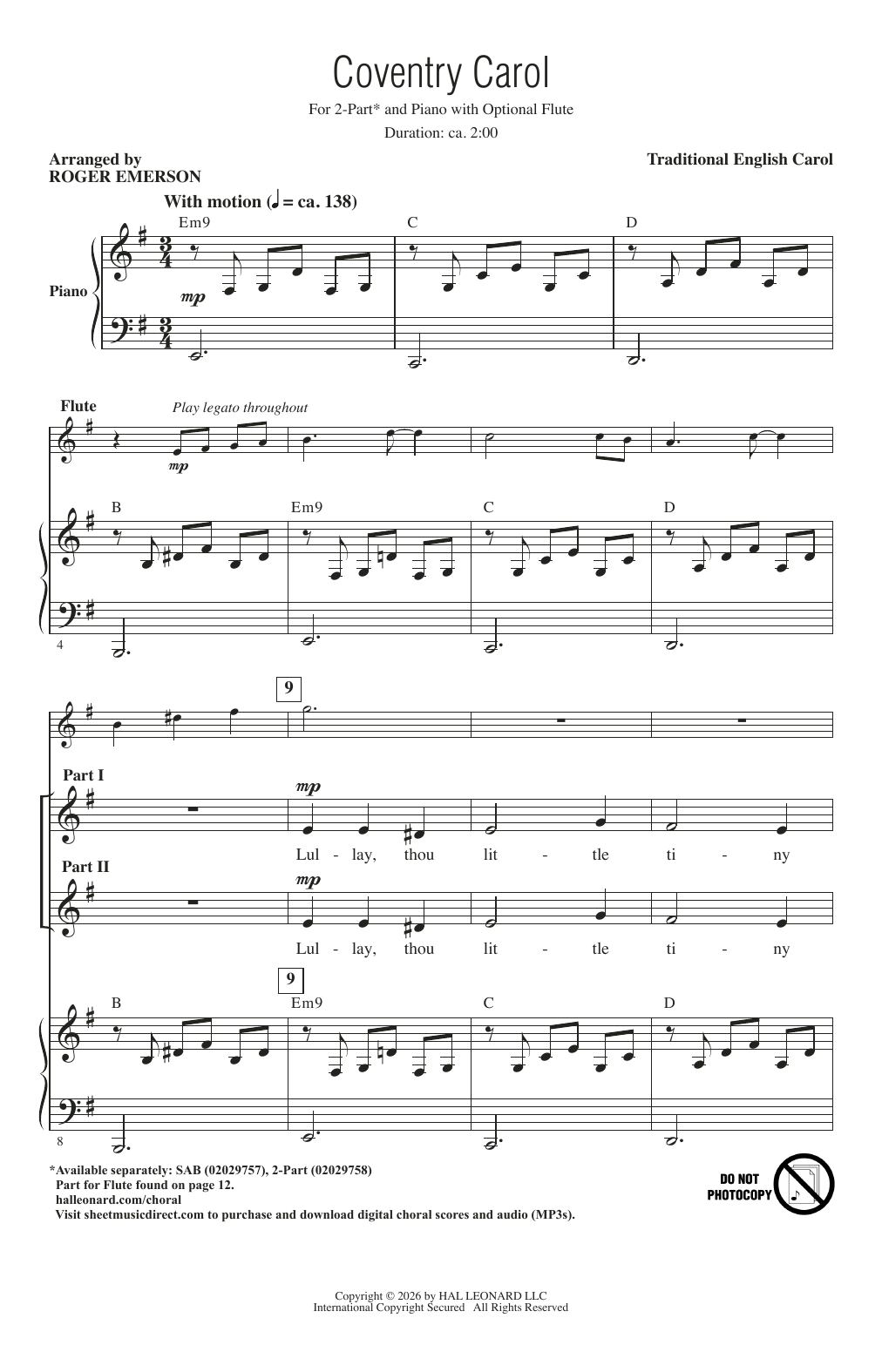 Traditional English Carol Coventry Carol (arr. Roger Emerson) Sheet Music Notes & Chords for 2-Part Choir - Download or Print PDF